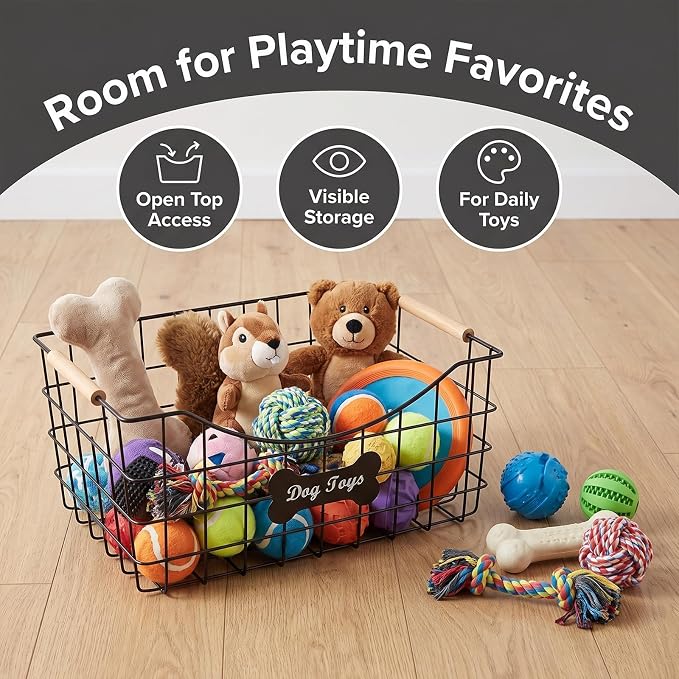 Dog Toy Basket, Metal Dog Toy Bin with Wooden Handles | Sturdy Wire Pet Storage Basket Organizer for Dog Toys, Leashes, Treats, Blankets and Grooming Supplies-14 x 9.4 x 6.6 in