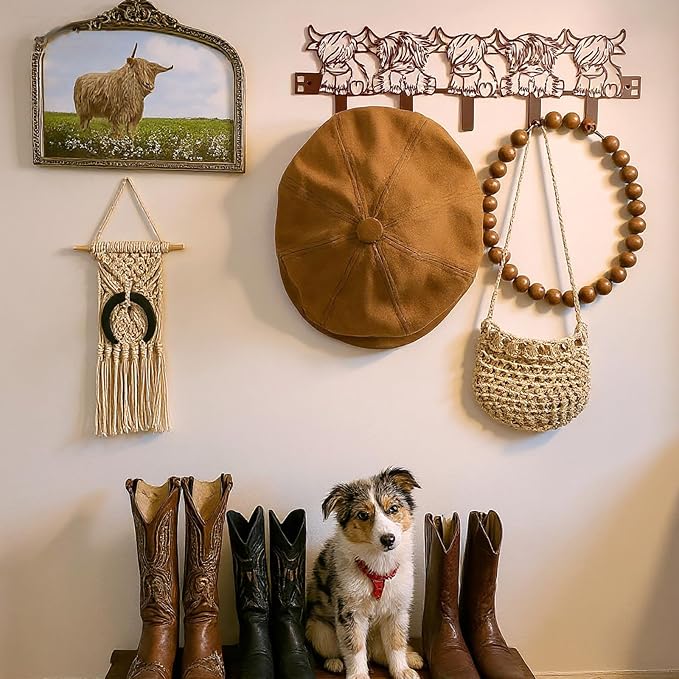 AceOrbit Highland Cow Over The Door Hooks Hanger 5 Hooks Rustic Decor | for Bedroom Bathroom, Organizes Towels Hats Clothes, Farmhouse Decor, Over the Door for Kids