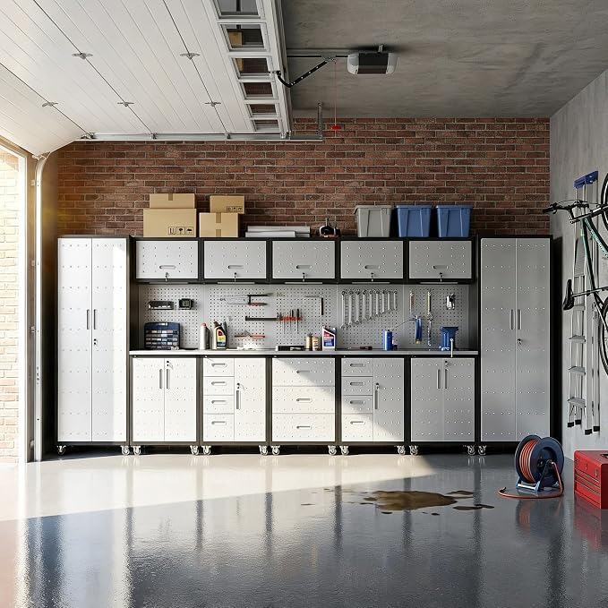 12-Piece Heavy Duty Steel Garage Cabinet System | All-in-One Modular Garage Cabinet Set for Ultimate Workshop Organization | Easy Assembly Garage Storage Cabinets & Tool Bench