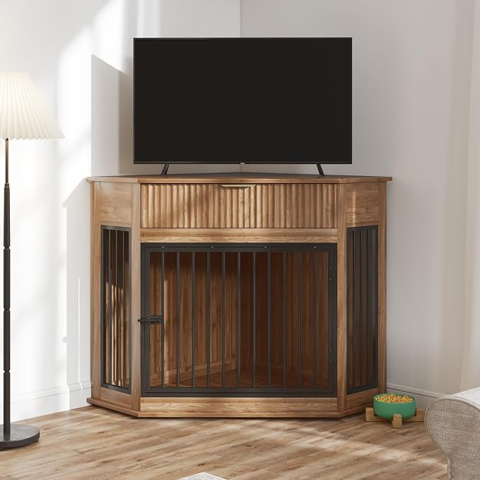 44.6" Corner Dog Crate Furniture for Small Medium Dogs, Modern Medium Size Decorative Dog Crates End Table with Fluted Drawer, Wooden Dogs Cage Kennel Furniture for Home Décor, Walnut