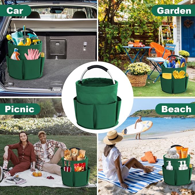 Cleaning Caddy with Handle, Cleaning Products Organiser, 17L Foldable Storage Basket, Cleaning Caddy Organiser, Portable Multi Cleaning Bucket Bag for Home, Garden (Green)