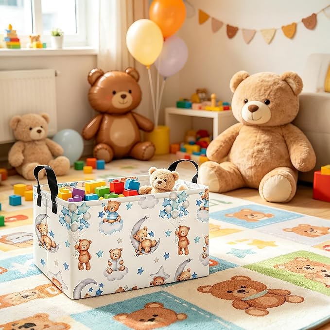 Rectangular Bear Storage Bin, Fabric Closet Organizer Basket | Einforced side grips, foldable holder arranges clothing and bedroom personal belongings