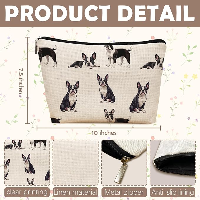 Boston Terrier Dog Makeup Bag, Boston Terrier Lovers Gifts Cosmetic Bag for Women, Dog Mom Lovers Owner Gifts for Women Christmas, Pet Lover Gift Zipper Travel Makeup Pouch for Purse