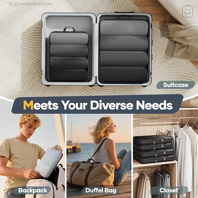 Veken 6/9/11 Set Compression Packing Cubes Garment Bags for Travel Essentials,Compressible Expandable Luggage Organizer Bags for Clothing,Space Saver Bags with Over 1000 pcs of Mesh Holes(Black)