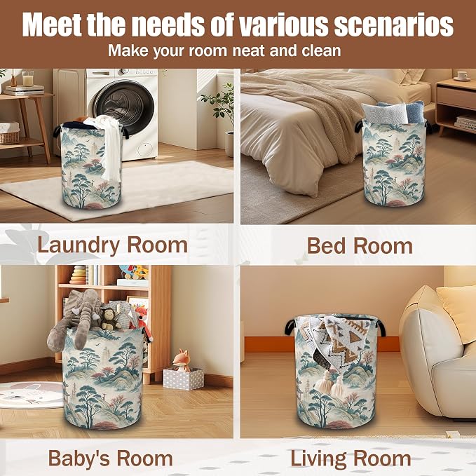 Oriental Mountain Landscape Laundry Basket,Laundry Hamper Waterproof Oxford Cloth Tote Bag,Clothes Storage Bucket Decorative Toy Organizer for Bathroom Bedroom 16" x 20.8"
