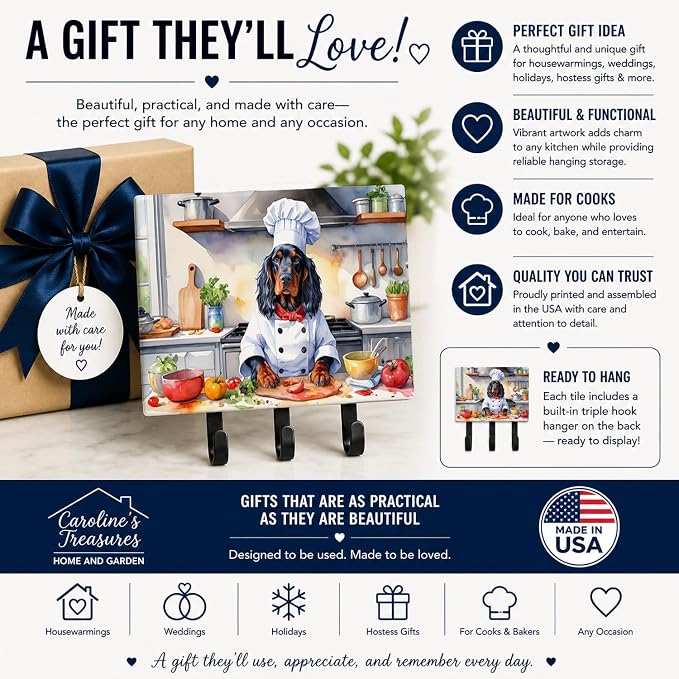 Caroline's Treasures Gordon Setter The Chef Leash or Key Holder Wall Hooks, Key Hooks Holder, Coat Rack Wall Mount, Coat Hooks, Hooks for Hanging Keys, Towels, Aprons, Leashes | Gordon Setter The Chef artwork on ceramic tile with three steel hooks for ...