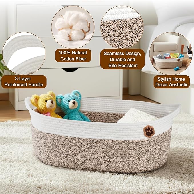 SZEE 2 Pack Stimulicat Handwoven Cat Basket, Large Instinct Cat Bed Baskets | Woven Cotton Rope Cat Scratcher Basket & Pet Toy Organizer, Breathable with Reinforced Handles, 19.7"x11"x7.9", Beige+Gray