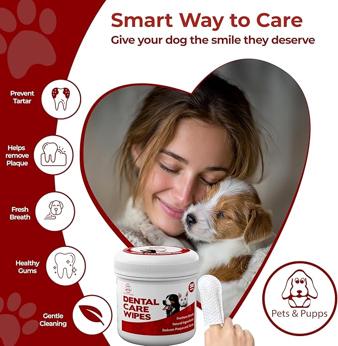 Pets & Pupps Dog Teeth Cleaning Wipes, Cats & Dogs Tooth Brushing Kit to Remove Plaque & Tartar Buildup, Dog Toothbrush and Toothpaste Alternative for Dog Breath Freshener & Dental Care - 50 Count