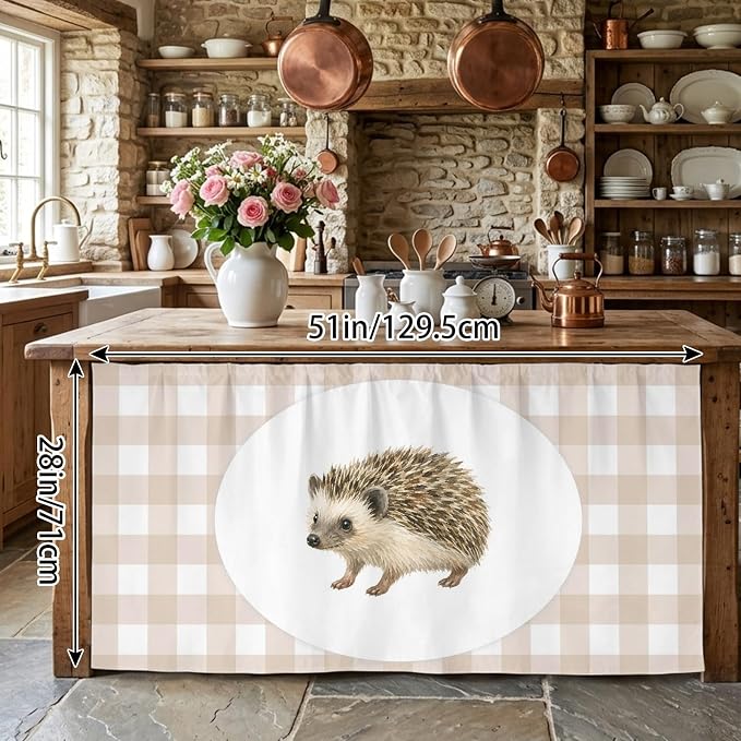 Hedgehog Cabinet Curtains 28"x51" Sink Skirt for Bathroom Kitchen, Modern Farmhouse Linen Checked Animal Self Stick Adhesive Under Desk Covers Tall Laundry Cabinet Storage Organizer