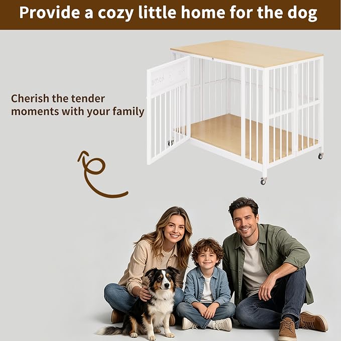39" Foldable Dog Crate Furniture, Natural Wood | Wooden Construction, RGB Ceiling Lights, Silent Casters, Multi-Purpose End Table TV Stand, For Small Medium Dogs