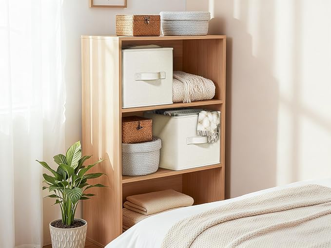 LayerSpace 4 Pack Foldable Fabric Closet Storage Bins, 11Inch Organizer Cubes with Handles, Linen Storage Boxes for Clothes, Toys, Books and Home Organization, White& Ivory | Thickened Rigid PP Panels, Cotton-linen Shelf Baskets, Measure 11"L x 11"W x ...