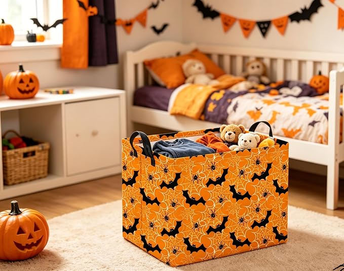 Halloween Basket Cute Baskets for Kids Pumpkin Basket Rectangular Storage Bin Organizer Box Room Decor(Yellow Spider Web)