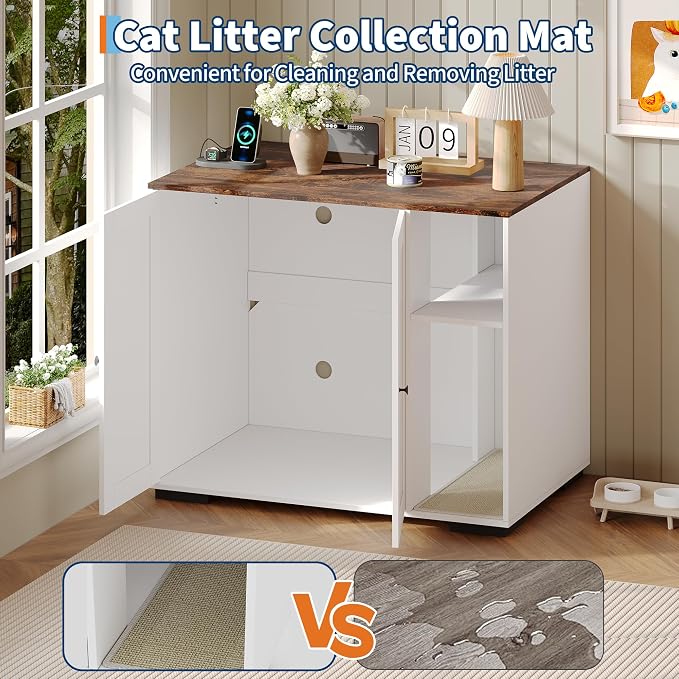 Large Robot 4 Litter Box Enclosure Cabinet with Built-in Power Outlet | Automatic Self‑Cleaning Litterboxes Furniture, Dog‑Proof Shelf, Robot Cabinet for Litter Box White