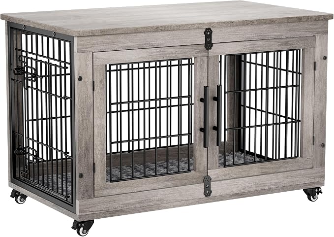 Large Dog Crate Furniture, 38'' Heavy Duty Wood Kennel w/Cushion & Wheels | Grey, Double Doors, Wooden Dog Cage, Chew-Resistant, End Table, Decorative, 27"/32"/38"/44" Options, Indoor