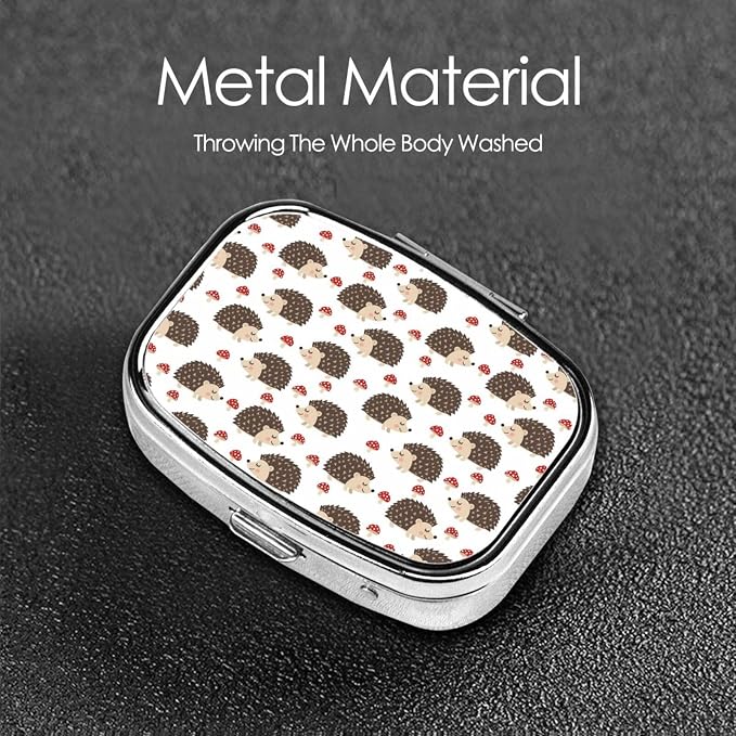 Discreet Pill Organizer Mini Pocket Case Medication Holder Business Meeting Concealed Carry, Autumn Hedgehogs Leaves Mushrooms