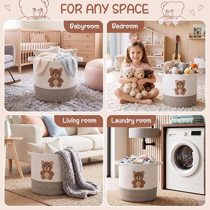 LemonRoad Teddy Bear Basket 14"x14", Baby Laundry Basket with Handles | Bear Hamper, Baby Storage Basket, Toy Organizer for Nursery, Woven Cotton Rope Blankets, Stuffed Animals Clothes for Kid Room