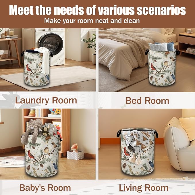Blue Bird Cardinal Pine Laundry Baskets,Laundry Hamper,Storage Basket with Handles for Bathroom Bedroom College Dormitory Living Room Nursery Organizer 16"x20.8"