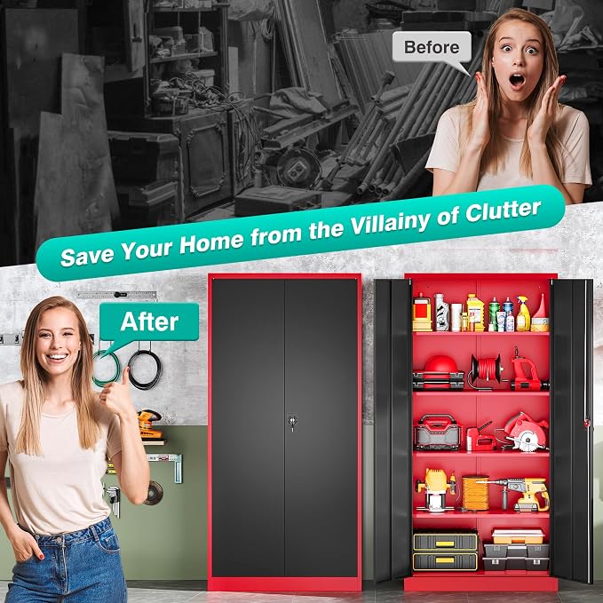 Wide & Deep Metal Storage Cabinet with Lock & Adjustable Shelves,72" Red Black Garage Storage Cabinet with Locking Doors,Lockable Cabinets for Home,Office,Shop,Garage,Basement 72x36x18