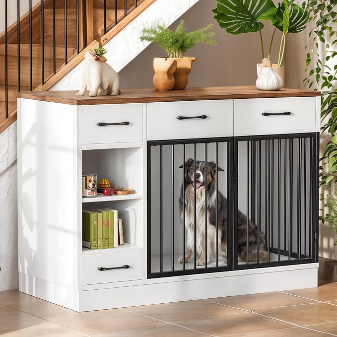Dog Crate, 47.2" Dog Cage with Hidden Feeder Bowl & 3 Storage Drawers - Wooden Dog Crates with Adjustable Shelf, 2 Doors Dog Kennel Furniture for Medium & Small Dogs, Multi-Functional Pet End Table