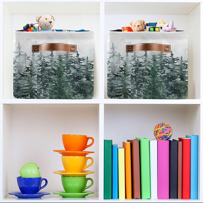 Winter Pine Forest Tree Storage Basket with Waterproof Liner and PU Handles Christmas Snow Scene Storage Bins Boxes 14.2" Collapsible Decorative Organizer Baskets for Bedroom Closet Office 2 Pack