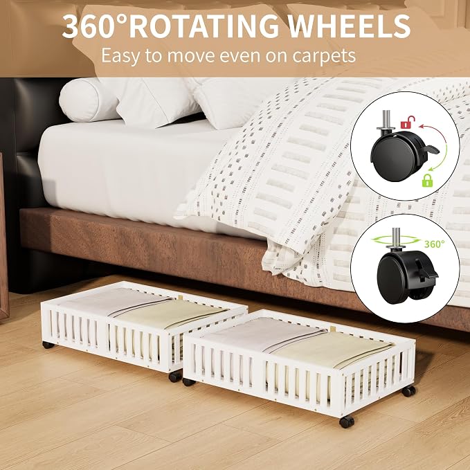 Under Bed Storage with Wheels, 2 Pcs Bamboo Drawers for Clothes and Toy | 360° wheels glide smoothly, Sturdy bamboo frames hold clothes, shoes, bedding and toys. Easy pullout access keeps rooms tidy