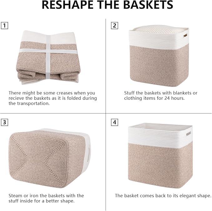 OIAHOMY 2 PACK Tall Storage baskets 55L Blanket Basket Living Room Brown | Large Collapsible Storage Bins Narrow Basket Baskets for Closet Organization Storage Baskets for Shelves Toy Storage Basket