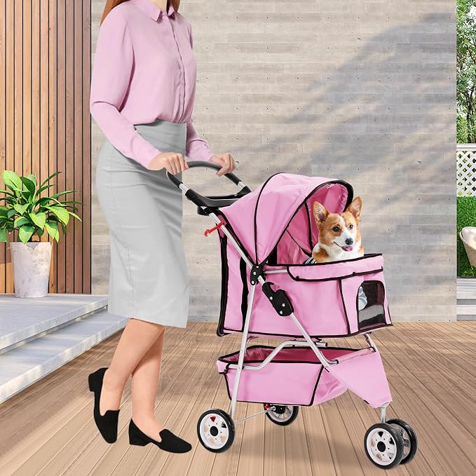BLKMTY Folding Dog Stroller, 3 Wheels Pet Stroller, Foldable Cat Strollers Waterproof Travel Carrier Strolling Cart for Puppy Jogger with Cup Holder & Storage Basket, Pink