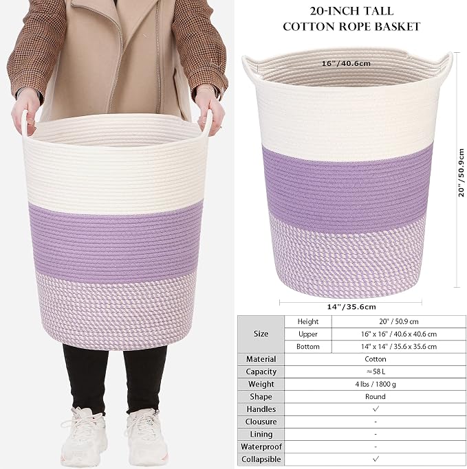Sea Team Large Woven Cotton Rope Laundry Basket with Handles, 20 x 14 in | Collapsible Knitted Hamper, Closet Shelf Organizers, Containers for Clothing, Blankets, Toys, Bedding, Mottled Lavender