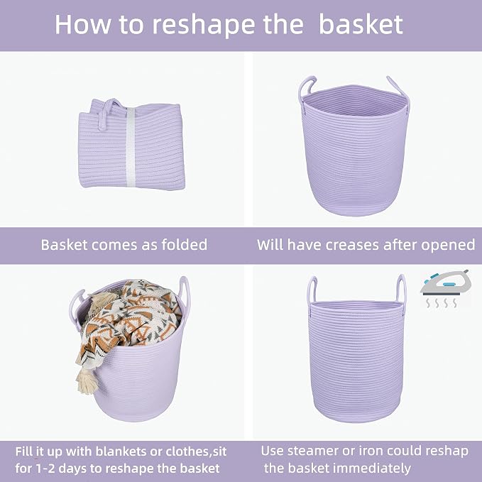 Woven Cotton Rope Laundry Basket, 15" x 20" Laundry Hamper, Purple | Rope storage basket for dirty clothes, toys and blankets. Perfect for bathroom, baby nursery and living room storage.