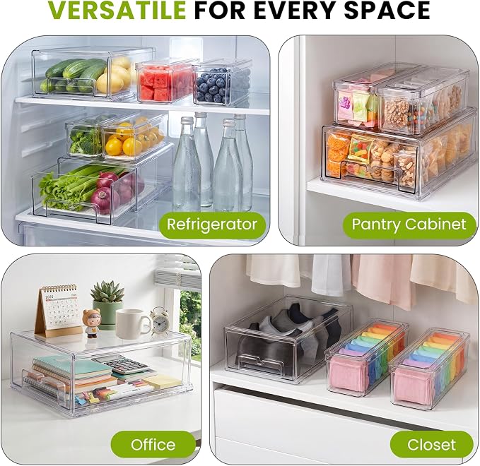 6Pack Fridge Organizers and Storage with Drain Trays,BPA-Free PET,Stackable | 2 Pull-Out Organizers & 4 Containers with Drain Trays For Fruit, Vegetable, Drink, Snack Food Storage