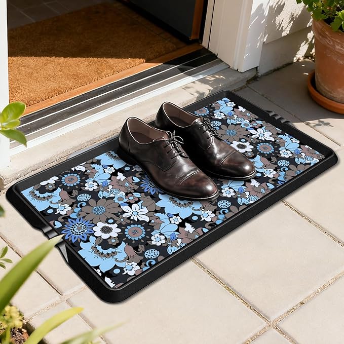 BEHERO Boot Tray Shoe Mat Decorative Patterned, Rubber Shoe Matt Tray Indoor/Outdoor Use, 16" x47.5" Shoe Cleaning Mat Non-Slip, Shoe Storage Waterproof Flower Prints for Entryway, Velvet Bloom