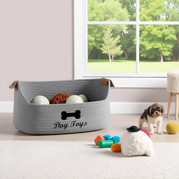 Dog toy basket storage large dog box pet bed great for collecting pet toys, blankets, leashes, clothing in living room playroom closet - Gray