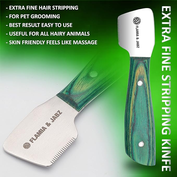 FLAMIA & JABZ FJ Professional Stripping Knife kit (6 pieces set) for Dogs & Pets, Wooden Handle Grip with Stainless Steel Blade (Right handed) (Green)