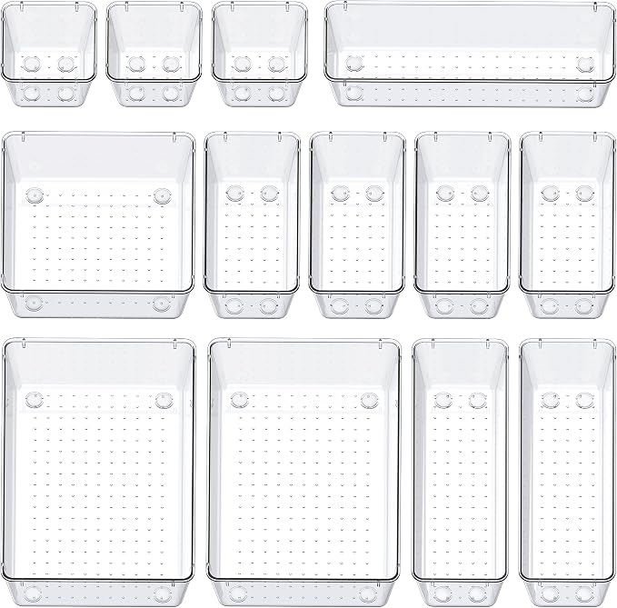 SMARTAKE 13-Piece Drawer Organizers with Non-Slip Silicone Pads, 5-Size | Clear Desk Bathroom Drawer Organizer Trays Storage Tray for Makeup, Jewelry, Utensils in Bedroom Dresser, Office and Kitchen