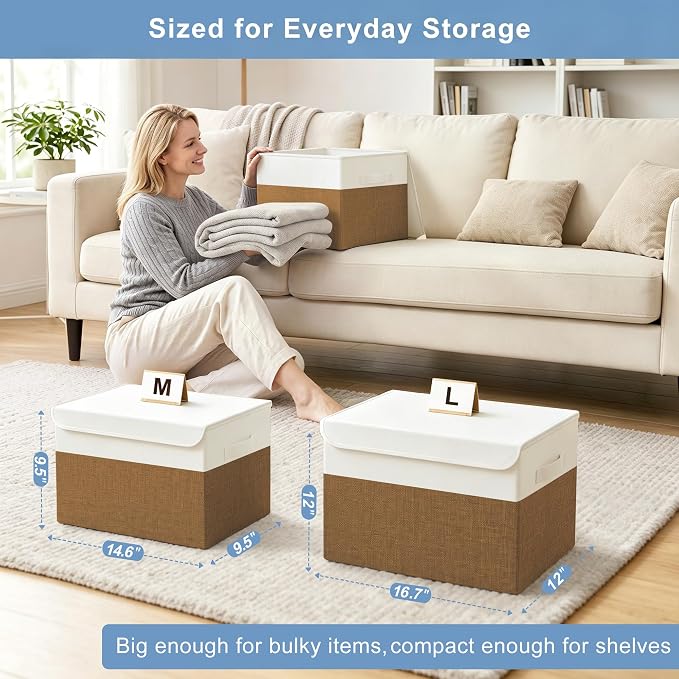 Large 22 Quart Linen Fabric Foldable Storage Bin Cube Organizer Basket with Flip-Top Lid & Handles, Clothes Blanket Box for Home, Office, Closet, Brown & White, 4 Pack 14.6 x 9.5 x 9.5