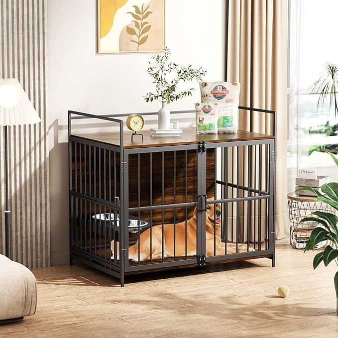 ROOMTEC 41 Inch Dog Crate Furniture, Indoor Kennel End Table | Steel-Tube Frame, Storage Top, Adjustable 360°Rotating Feeder, 2 Stainless Steel Bowls, With Pad, For Medium dog