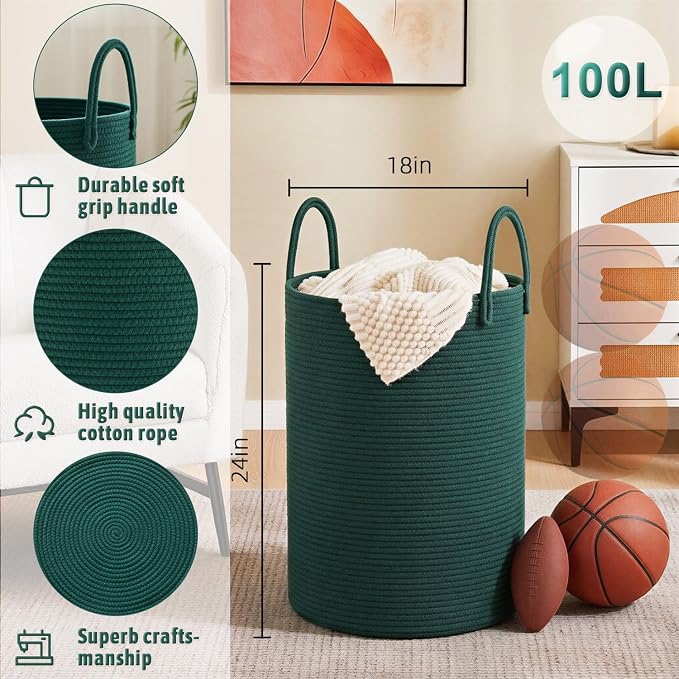 Artfeel Laundry Basket,Woven Cotton Rope Laundry Hamper,100L for Decorative Storage of Dirty Clothes,Toys and Blankets in Bathroom,Baby Room and Living Room