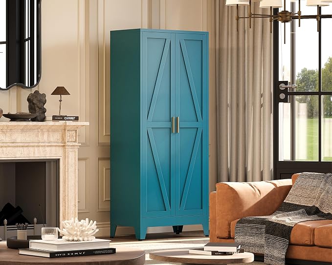 71" H Metal Garage Storage Cabinets,Broom Closet Storage Cabinet,Utility Cabinet,Blue Storage Cabinets