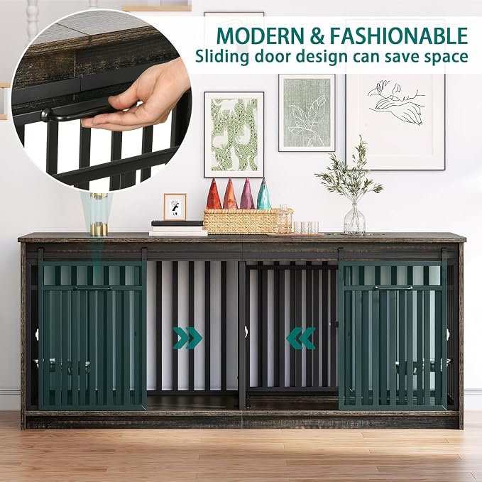 DWVO 71" Double Dog Crate Furniture for 2 Medium Dogs with Dog Bowls | Heavy Duty Wood Dual Dog Kennel TV Stand with Sliding Doors, Decorative 2 Dog Cage Table for Extra Large Dogs Black Oak