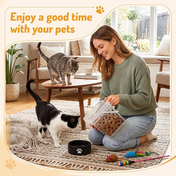 4 Pack Clear Dog Snack Container with Handle Plastic 5.5/3.3/2.2lb | Paw Themed Print, Square, Anti Drop, Stackable Storage Buckets with Lid, Pet Food Bins for Dog Kibble, Cat Snacks, Pantry