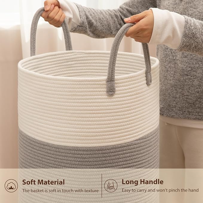OIAHOMY 60L Nursery Hamper Laundry Basket Laundry Hamper Grey/White | collapsible Blanket Basket Cotton Rope Woven Basket Dirty Clothes Hamper Baby Hamper Tall Clothes Hamper with Handles