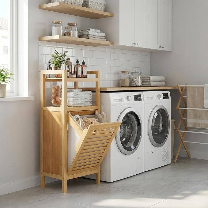 Homykic Tilt Out Laundry Hamper Cabinet, 10 Gal Bamboo Laundry Organizer | Wooden Laundry Basket with Removable Bag, Hidden Hamper with Shelf for Clothes, Bathroom, Laundry Room, Bedroom, Space Saving