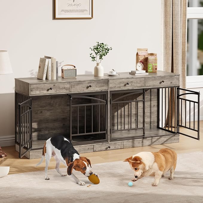 IDEALHOUSE 78.7" Double Dog Crate Furniture with Storage and 4 Doors, Grey | Dog Kennel Indoor with Feeding Bowls, Wood Dog Crate TV Stand for Small Medium Dogs