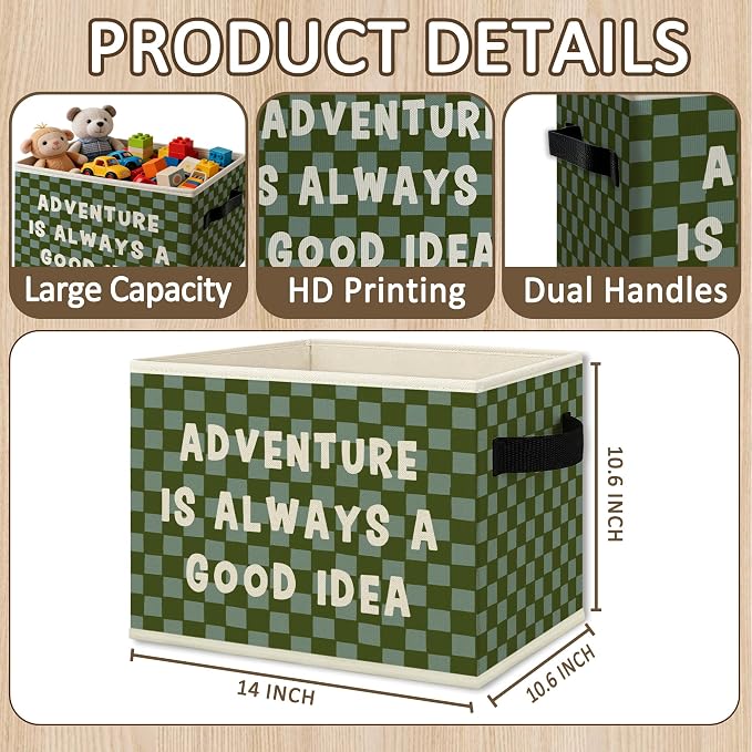 Adventure Classroom Nursery Cube Storage Bins with Handles, Green Checkered Kids Playroom Collapsible Fabric Storage Basket Boxes Books Clothes Organizer for Kids Boys Bedroom Bathroom