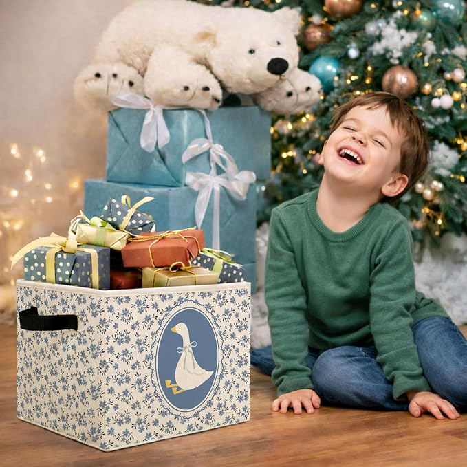 Blue Floral Goose Foldable Fabric Storage Bin for Kids Room | Blue floral cottagecore design; foldable storage basket for toys, books, clothes in nursery, bedroom or playroom.