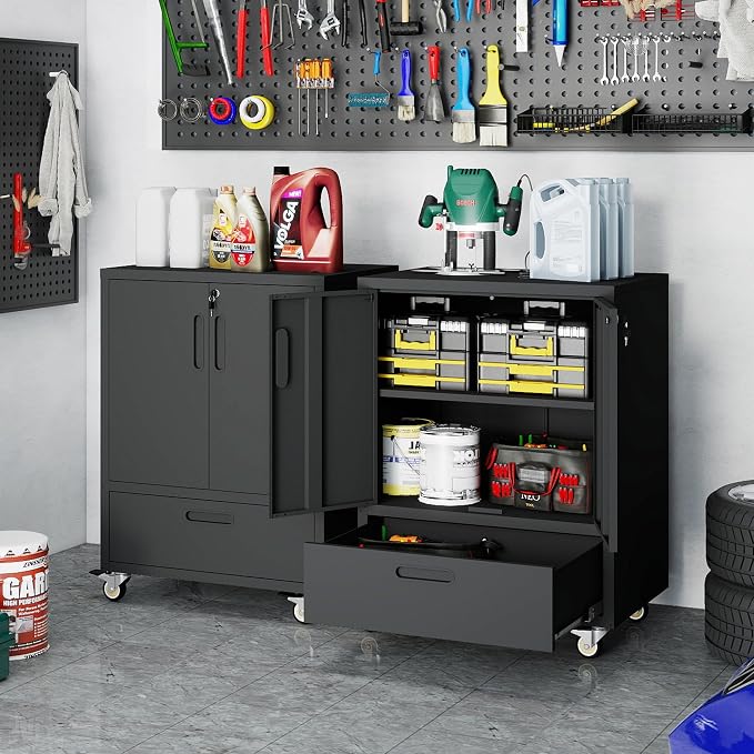 Metal Storage Cabinet for Garage, Tool Cabinet, Utility Cabinet | Wheeled, Rolling Tool Cabinet, Lockable, 2 Doors,1 Drawer, Assembly Required, Black