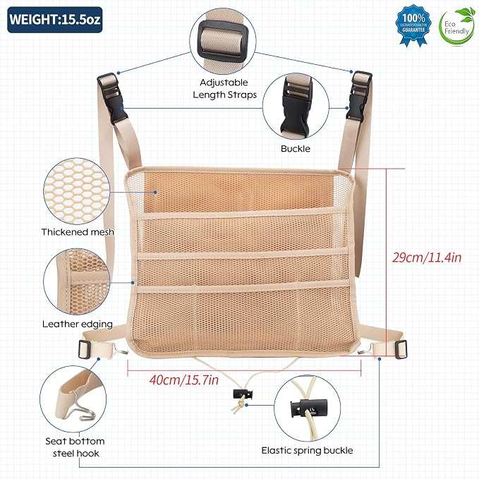 Car Seat Back Organizer, Net Purse Hangbag Holder for Car, Auto Driver Or Passenger Accessories Organizer, Vehicle Console Caddy, Personal Travel Storage Bag for Pet Kids Adults, Pu Leather Beige