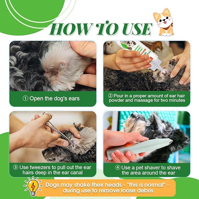 Dog Ear Powder Hair Removal Kit–Safe Grooming Set with 30g Ear Powder, LED Silent Trimmer & 5.5in Tweezers All-in-One Ear Care Solution for Dogs &Cats,Odor Control & Hygiene Support, Home Grooming Kit