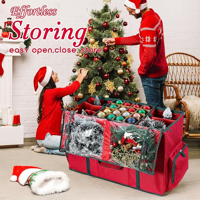 2-In-1 Christmas Decoration Ornament Organizer Box, Movable Pallet Santas Bags Ornament Storage Containers, Holds 73 Holiday Ornaments, Adjustable Space For Figurines And Pockets For Decoration