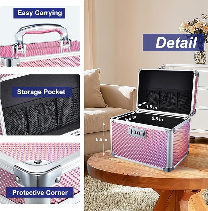 Medicine Lock Box with 3-Digit Combination Lock – Pink Lockable Storage Box for Medication, Small Lock Box for Valuables, 10"x7"x7.9" Locking Medicine Box for Home Travel Dorm